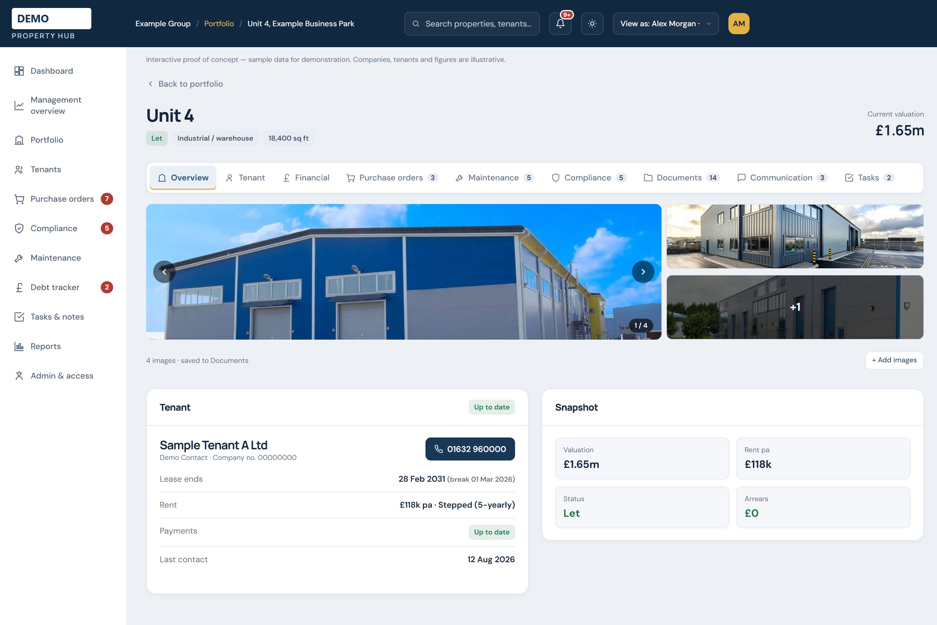 Property portfolio management software with photographs and tenant details